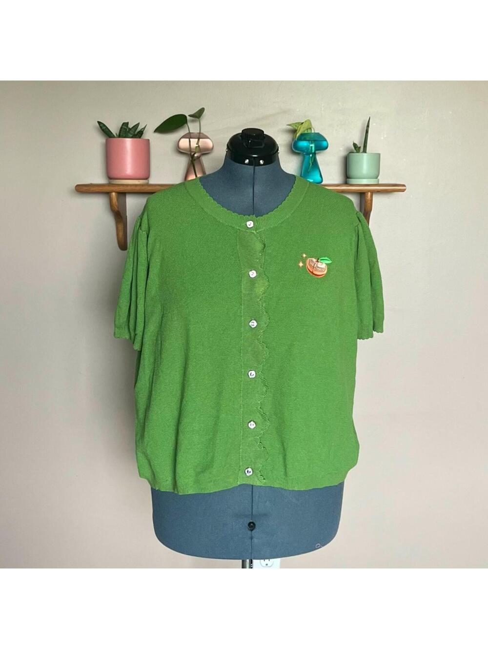 Unique Vintage Green Peach Embroidered Cardigan Jeweled Buttons Retro Sweater